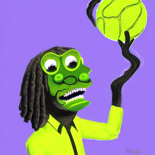 Image similar to snoop dogg tennis ball monster ,tennis ball, digital art, smoke, fantasy,chalk, magic, trending on artstation, ultra detailed, professional illustration by Basil Gogos