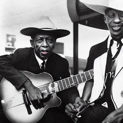 Prompt: robert johnson and the devil embracing at mcdonald's, photograph