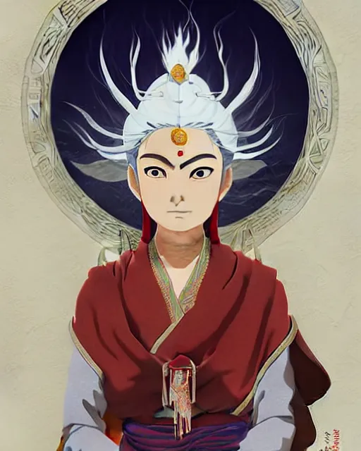 Prompt: himalayan woman, mage, with silver hair, detailed perfect face, exquisite details, fire magic, mid view, design on a white background, by studio muti, greg rutkowski makoto shinkai takashi takeuchi studio ghibli