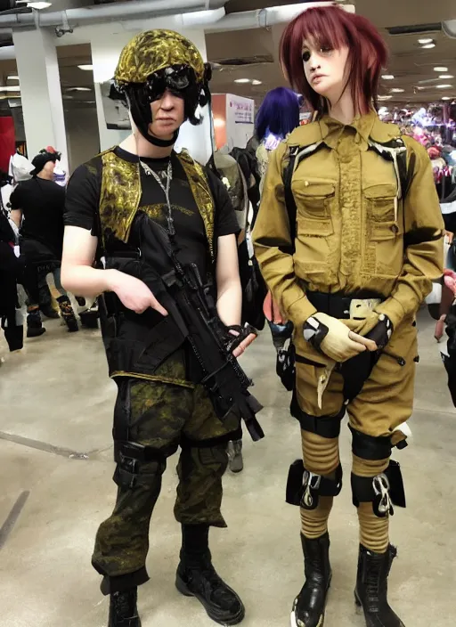 Prompt: hot topic anime convention, military fashion cosplay