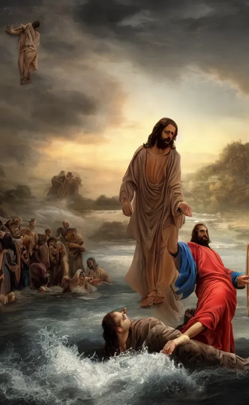 Image similar to An epic matte painting of Jesus saving Petrus in the Water, beautiful, stunning, gorgeous, 4k resolution, professional digital art, f16, intricate