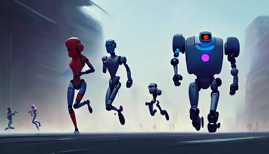 Image similar to running robots in a marathon, digital painting, illustration by pixar and artgerm and greg rutkowski and makoto shinkai, artstation