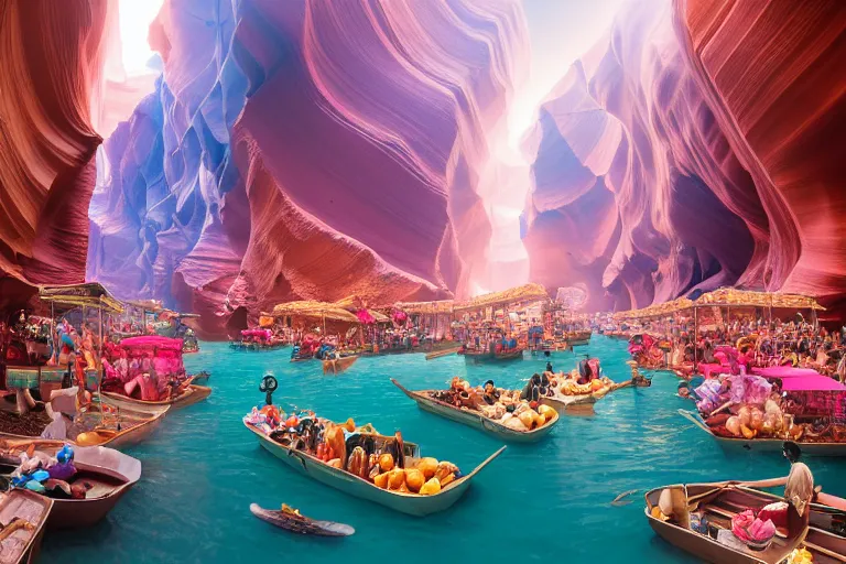 Image similar to floating markets of times square on new york on waters flowing down gold travertine terraces in royal blue antelope canyon during sakura season on an interstellar aurora borealis, pink waterfalls, vendors, festivals, fun, by peter mohrbacher, james jean, james gilleard, greg rutkowski, vincent di fate, rule of thirds, octane render, beautiful landscape