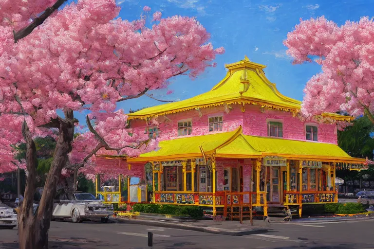 Image similar to painting of a yellow waffle house front view, rococo style, greek architecture, pink marble building, sakura trees, sakura season dynamic lighting, landscape, artwork by jeremy lipkin and giuseppe dangelico pino and michael garmash and rob rey and greg manchess and huang guangjian and makoto shinkai, pixiv, 1 0 0 mm