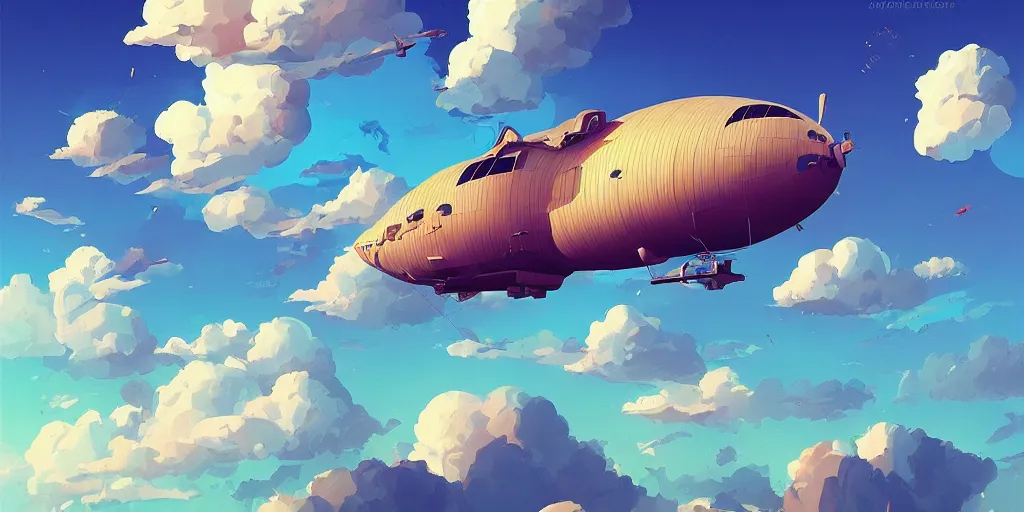 Image similar to clouds in the sky, airship, digital art, blue sky vivid colors, artgerm, james gilleard, beautiful, highly detailed, intricate, trending on art station