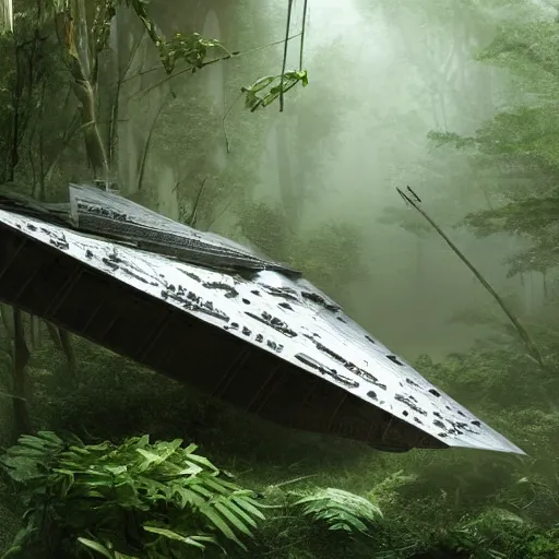 Image similar to a star destroyer from star wars crashed in a jungle, photorealistic