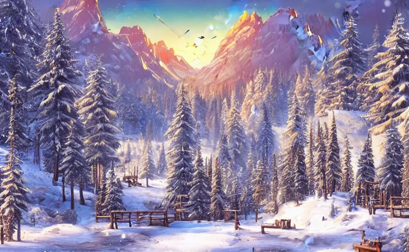 Prompt: snowy northern frontier town, tall pine forest and moutains, fantasy art