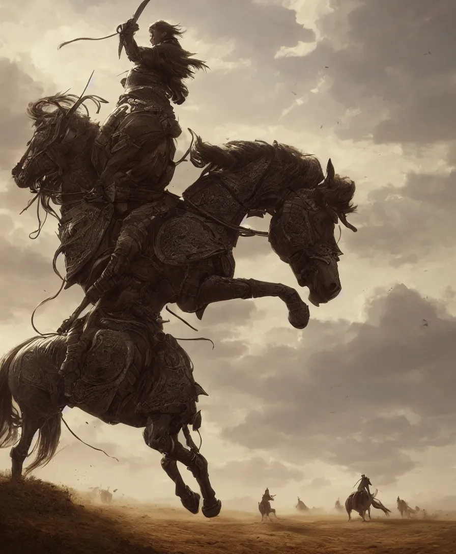 Prompt: hyper realistic knight riding a horse on a long dirt road, illustrated by greg rutkowski, beautiful volumetric lighting, intricate, ultra detailed, photorealistic, trending on artstation, octane render, 8 k