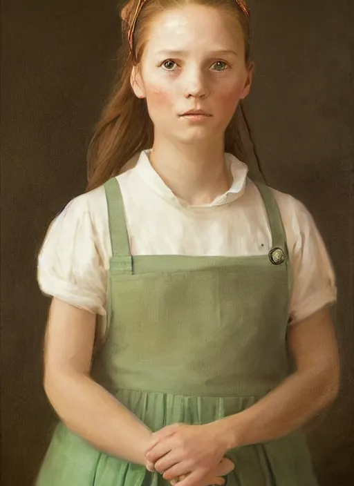 Prompt: a portrait of tiffany aching, an eleven year old girl with brown hair in a ponytail. she is wearing a simple light green dress with an apron and a black pointed witch hat. beautiful painting with highly detailed face by greg rutkowski and magali villanueve
