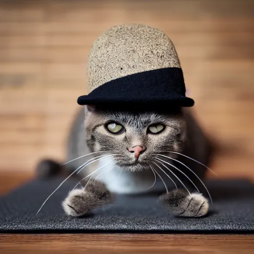 Prompt: cat sat on a mat wearing a hat and holding a bat detailed, smooth, sharp focus