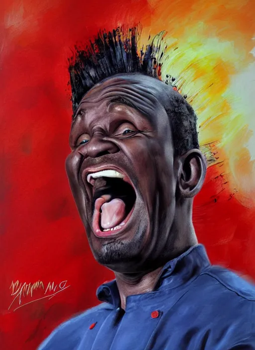 Prompt: norman mingo painting, gordon ramsay screaming, exaggerated proportions, caricature, realistic! ( painterly ), visible brush strokes, vintage, hd, crisp