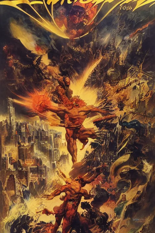 Image similar to Movie poster of Ophanim attacking new york, by Noriyoshi Ohrai, frank frazetta, ilya repin,