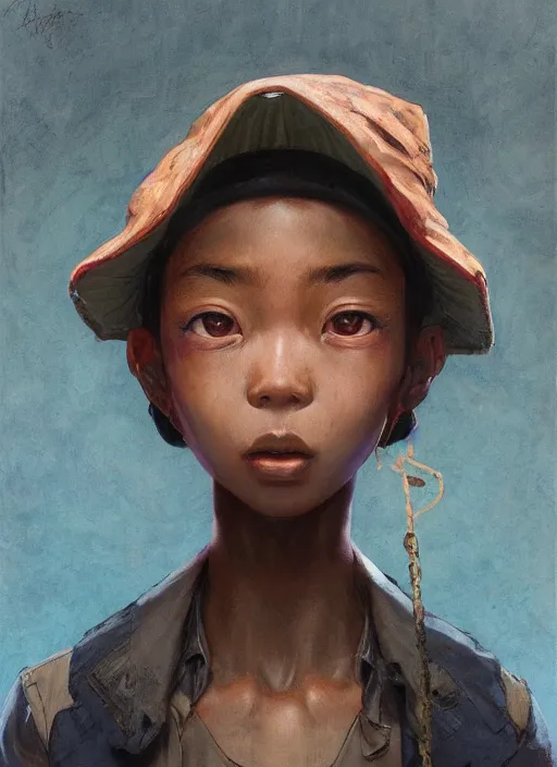 Image similar to prompt : portrait soft light painted by james jean and katsuhiro otomo and erik jones, inspired by akira anime, epic fantasy, a young dark skinned girl with short hair dressed as a boy in plain peasant clothing and a newsboy cap, intricate oil painting, high detail illustration, sharp high detail