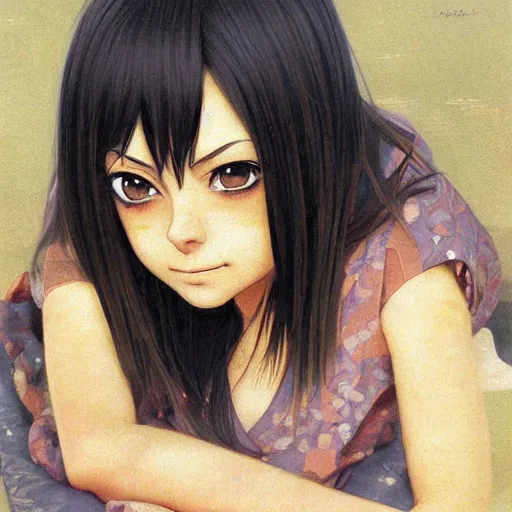 Image similar to anime mila kunis by by Hasui Kawase by Richard Schmid