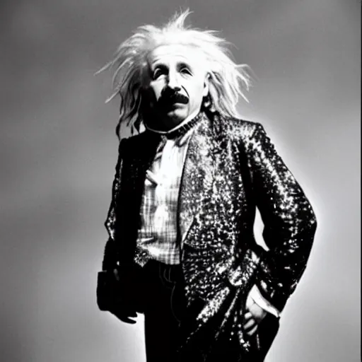 Image similar to einstein as a glam rock god, studio photograph for his new hair metal album,