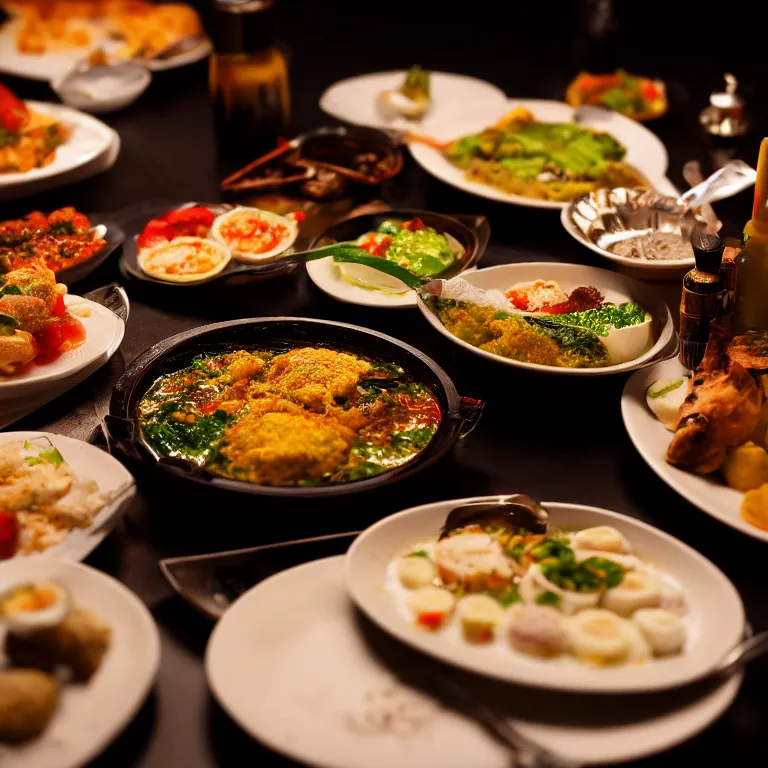 Prompt: close - up focused dslr photograph of an bahraini dinner, 8 k, high detail, volumetric lighting, hyperrealism, aesthetically pleasing, studio lighting, trending