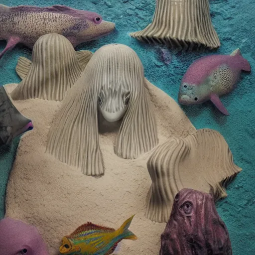 Prompt: ceramic colourful sculptures, soft 3d render, diffused lighting, ghostly fish meeting in the basement underwater, creepy underwater, thalassophobia, artwork by shary boyle