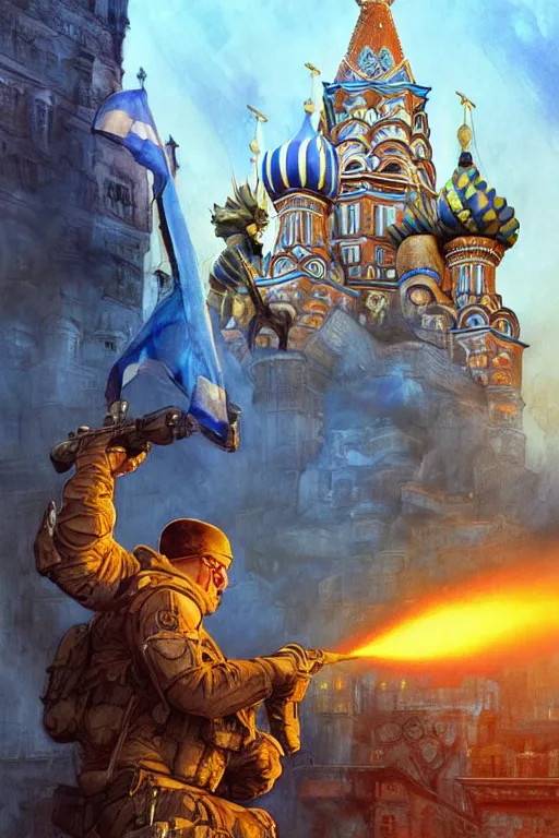 Image similar to special forces soldier installin ukrainian blue and yellow flag on red square kremlin, masculine figure, d & d, fantasy, bright atmosphere, volumetric lights, intricate, elegant, extremely detailed, digital painting, artstation, concept art, matte, smooth, sharp focus, hyper realistic, illustration, art by artgerm and greg rutkowski and alphonse mucha