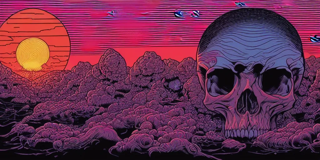 Prompt: The perfect dreamscape by Dan Mumford and Josan Gonzalez, death skull, sunset