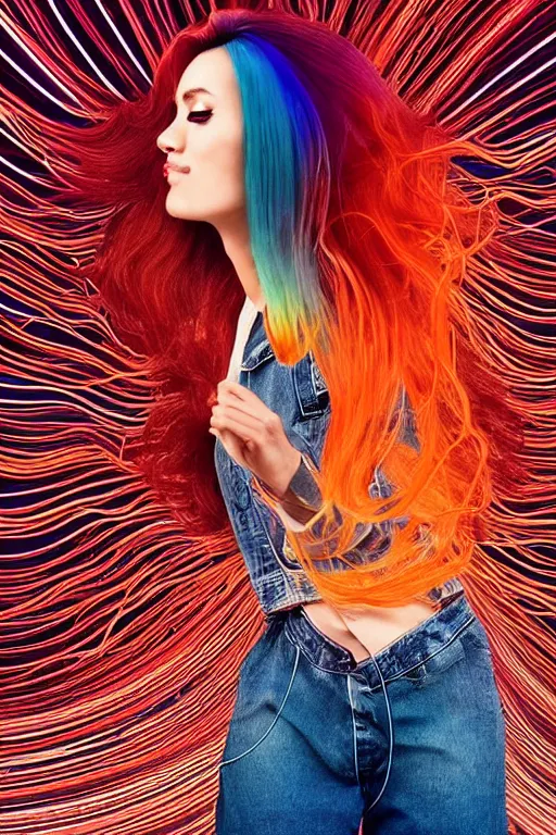 Image similar to a award winning half body portrait of a beautiful woman with stunning eyes in a croptop denim jacket and cargo pants with ombre red orange teal hairstyle head in motion and hair flying while dancing by thomas danthony, surrounded by whirling illuminated lines, outrun, vaporware, shaded flat illustration, digital art, trending on artstation, highly detailed, fine detail, intricate