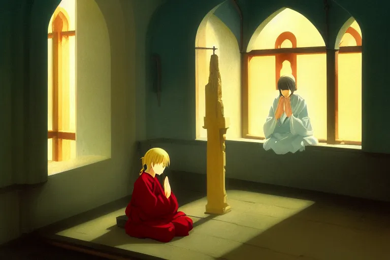 Image similar to anime key visual of young girl in small monastery in the year 1 2 5 0, praying to statue of god, style of jamie wyeth james gilleard edward hopper greg rutkowski acrylic painting, oil on canvas, preserved museum piece, historical