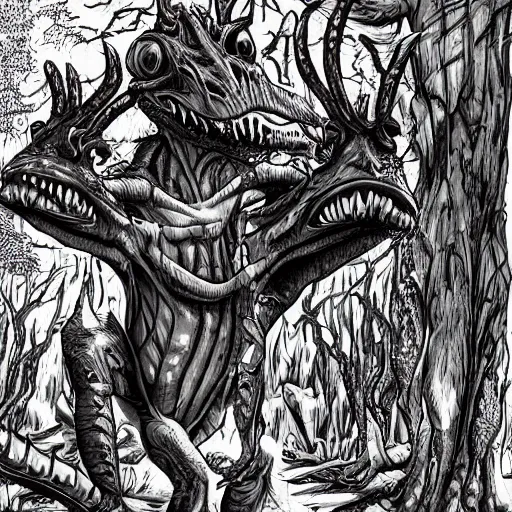 Image similar to big butcher anthro lizardfolk posing scarily, scary angry pose, covered in blood, fresh kill, cleaver, in a forest, earie setting, lovecraft, eldritch, horror, hyperdetailed