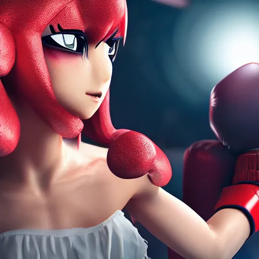 Prompt: a beautiful anime woman in a boxing match against a plush toy bear, located in a boxing ring, extreme detail, photorealism, octane render, cinematic lighting.