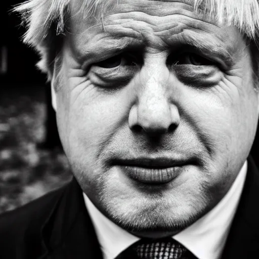 Image similar to Boris Johnson with half face missing, morbid, evil, dark photography, realistic, candid street portrait in the style of Rehahn award winning, Sony a7R,