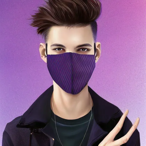 Prompt: professional digital art of a stylish young adult man with short dyed hair, a black face mask, earrings, and striped clothes, high quality, HD, 8K, highly detailed, award-winning, sci-fi, fantasy, movie character, dark purple clouds