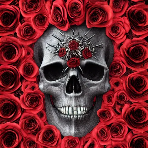 Image similar to skull made of red roses, organic horror, devil, death, giger, epic, baroque, art nouveau, james jean, photorealistic render, 3 ds max + v - ray, extremely detailed and intricate, center composition, elegant, vfx, unreal engine 5, octane render, extremely contrast, extremely sharp lines