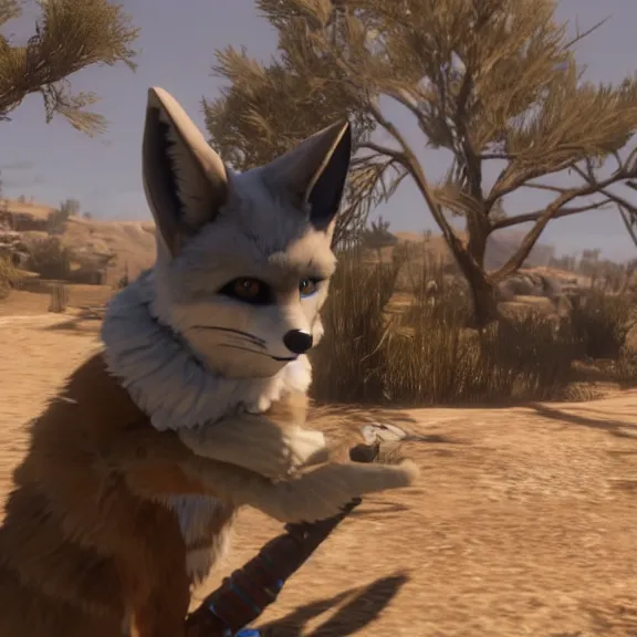 Image similar to a blue fennec fox furry in a fursuit in red dead redemption 1 shooting himself