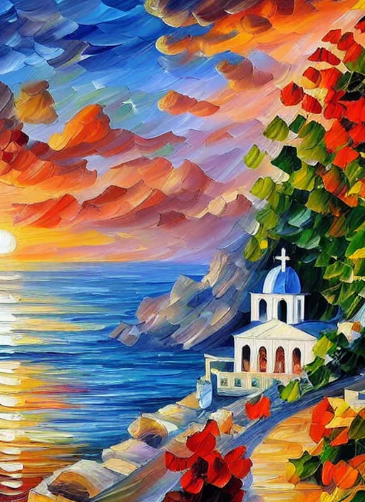 Image similar to beautiful seaside greek chapel in village at sunset in the style of leonid afremov