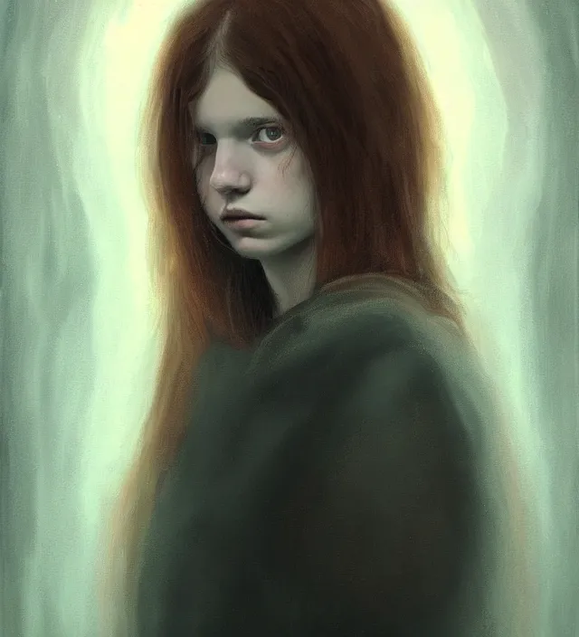 Image similar to portrait of shy american teenage fantasy witch, grzegorz rutkowski, symmetry, deep dark forest, dramatic lighting, moody, directional lighting, awkward, intelligent, contemplative, frizzy brown hair, volumetric lighting, symmetrical face, pale scottish girl, nervous, art by alasdair gray, brown hair, sad blue eyes, trending on artstation