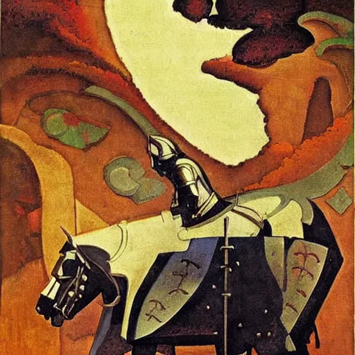 Image similar to a naturalist beautiful beautiful gorgeous vintage painting of a shining metal medieval knight in armor by nicholas roerich by gustave moreau, by eyvind earle by bruce pennington by georgia o keeffe, blood, skin reflective metallic