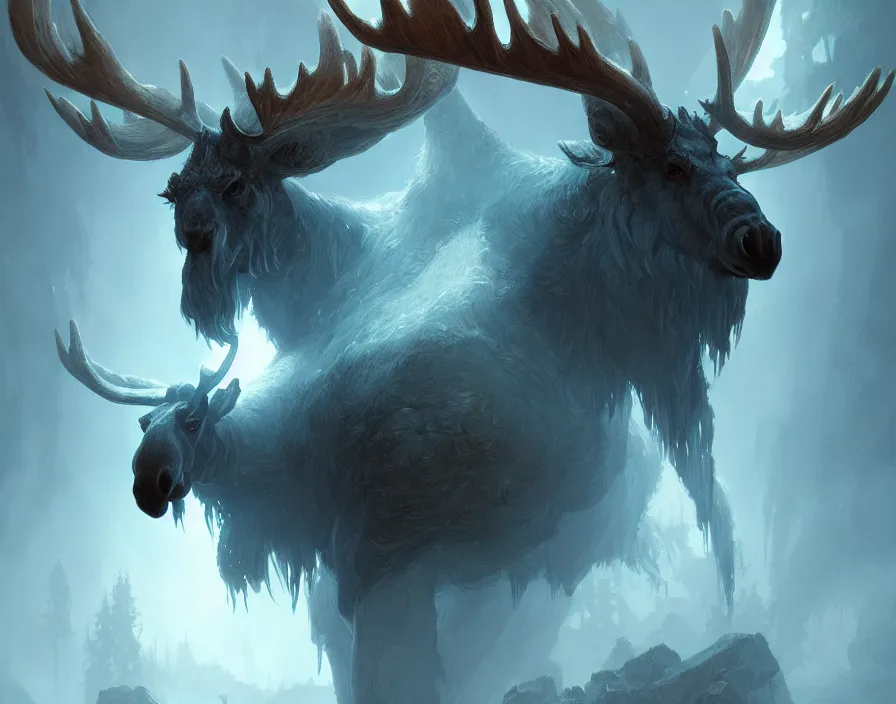 Prompt: concept art of a fantasy moose ghost, intricate, d & d, fantasy, art nouveau, digital painting, trending on artstation, sharp focus, illustration, global illumination, ray tracing, art by artgerm and greg rutkowski and ruan jia