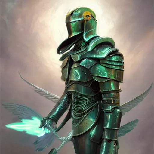 Prompt: illustration, armored angel knight in Phthalo metallic green armor with knight helmet, inhumanly long and thin limbs, fallen angel, Barthin, by Peter Mohrbacher, hyper detailed, otherworldly, octane rendered, fantasy, heavenly