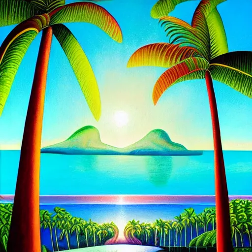 Image similar to a ultradetailed beautiful painting of amazonas beach by tarsila do amaral, major arcana sparkles sky, dougherty patrick, trending on artstation, mediterranean, palm trees, light refracted lines and sparkles, major arcana sky, sharp focus, soft light