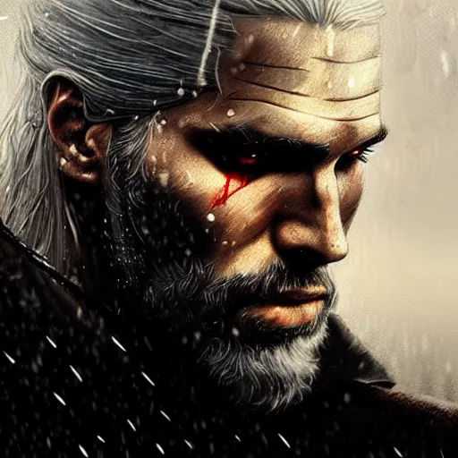 Image similar to geralt of rivia with long beard and intense eyes, scarred, wet, raining, close up, rim lighting, portrait, sinister atmospheric lighting. highly detailed painting by greg rutkowski, anime style