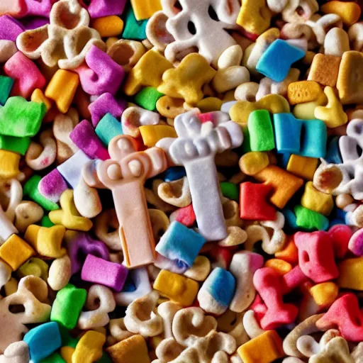 Image similar to lucky charms cereal and colorful marshmallows in the shape of crucifixes, fish, bibles, loaves of bread, and the virgin mary in a bowl