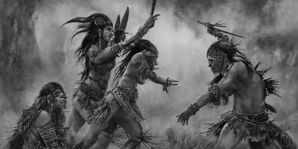 Image similar to movie, beautiful distanced aztec warrior females runs into each other, epic, vintage, black and white, Boris vallejo, sepia, apocalypto