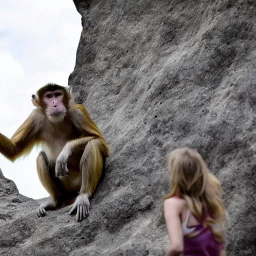 Prompt: monkey walks out of cave holding a stone club, crowds of blond female human women watch on in awe