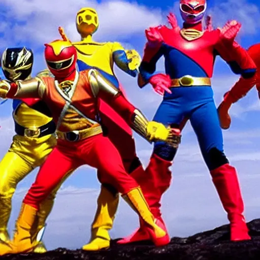 Image similar to The Power Rangers Megaforce having a break dance battle with Godzilla on top of the universe