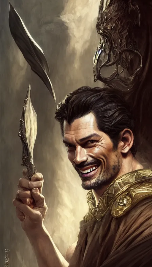 Image similar to david gandy, charming, laughing, fit, cunning, robe, warhammer, lord of the rings, sweaty, intricate, highly detailed, digital painting, artstation, concept art, smooth, sharp focus, illustration, unreal engine 5, 8 k, art by artgerm and greg rutkowski and alphonse mucha