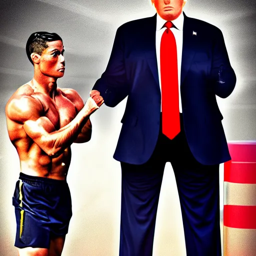 Image similar to muscular donald trump and cristiano ronaldo in love looking at their baby, detailed and realistic, 4 k, bright color, epic digital art