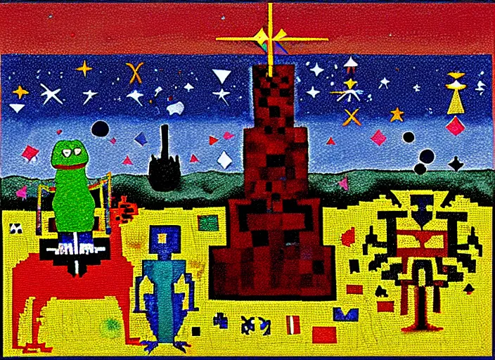 Image similar to pixel decollage painting tarot lovers card composition tower of babel road red armor maggot bear and wonky alien frog skeleton knight on a horse in a dark red cloudy night sky with golden foil jewish stars and diamonds, mountain lake and blossoming field in background, painted by Mark Rothko, Helen Frankenthaler, Danny Fox and Hilma af Klint, pixelated, neo expressionism, semi naive, pastel colors, cinematic, color field painting, cave painting, voxel, pop art look, outsider art, minimalistic. Bill Traylor painting, part by Philip Guston, Amano and Francis Bacon. art by Adrian Ghenie and Storm Thorgerson, very coherent symmetrical artwork, cinematic, hyper realism, high detail, octane render, unreal engine, Smooth gradients, depth of field, full body character drawing, extremely detailed, 8k, extreme detail, intricate detail, masterpiece