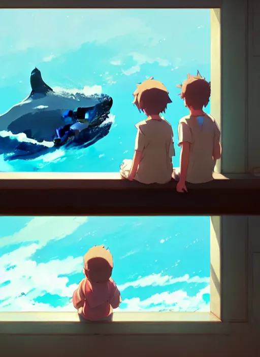 Prompt: boy and girl watching big whales flying on sky from a room window, illustration concept art anime key visual trending pixiv fanbox by wlop and greg rutkowski and makoto shinkai and studio ghibli