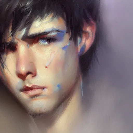 Image similar to A handsome, cute emo guy, close-up painting by Gaston Bussiere, Craig Mullins, trending on artstation, artstationHD, artstationHQ, artstation digital artwork