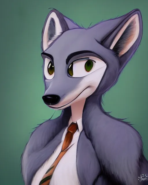 Image similar to oil painting of anthromorphic female wolf, in style of zootopia, zootopia, zootopia, fursona, furry, furaffinity, 4 k, deviantart, furry art, fursona art, wearing black business suit, business suit, in style of zootopia, wolf fursona, cyberpunk, female, expressive detailed feminine face,