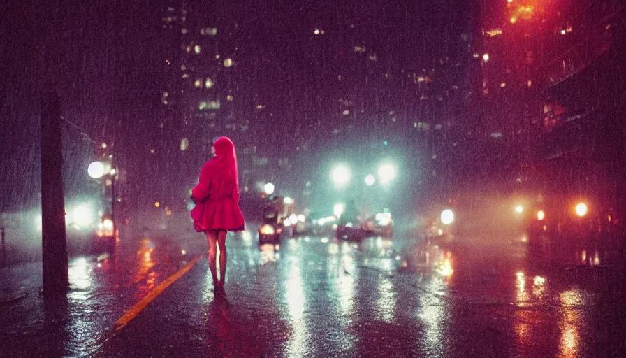 Image similar to street of new york, photography, night, rain, mist, a girl with pink hair, cinestill 8 0 0 t, in the style of william eggleston