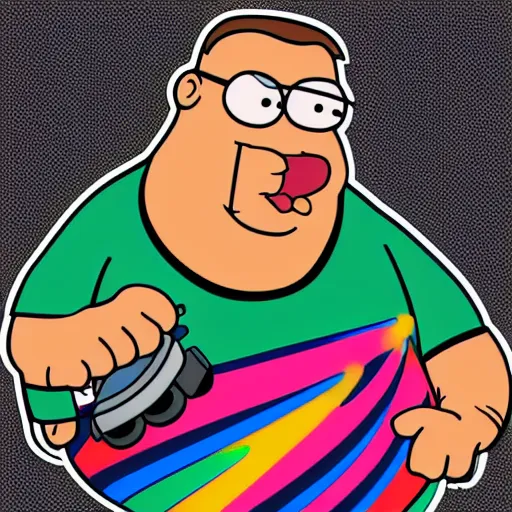 Image similar to svg sticker of a Family-Guy Peter-Griffin at a rave, spinning records, giant headphones rocking out, wearing headphones, huge speakers, dancing, rave, DJ, spinning records, digital art, amazing composition, rule-of-thirds, award-winning, trending on artstation, featured on deviantart